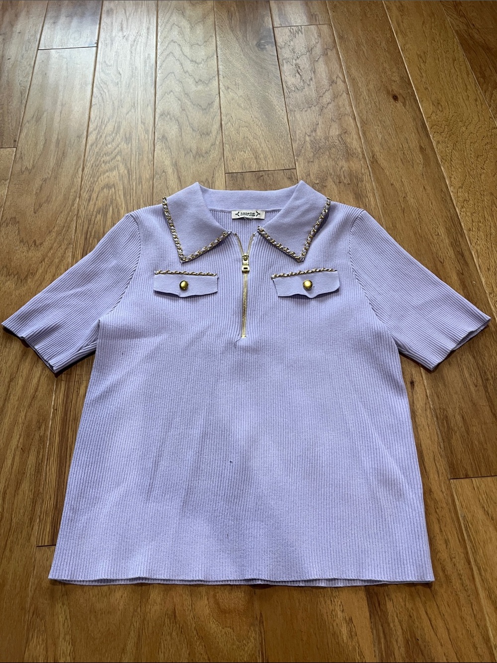 Nanette Lepore Lavender Ribbed Polo Top with Gold Trim